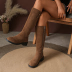 Knee High Boots Women Flat Suede Gold Button