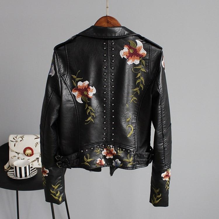 Faux Leather Jacket Women with Embroidery
