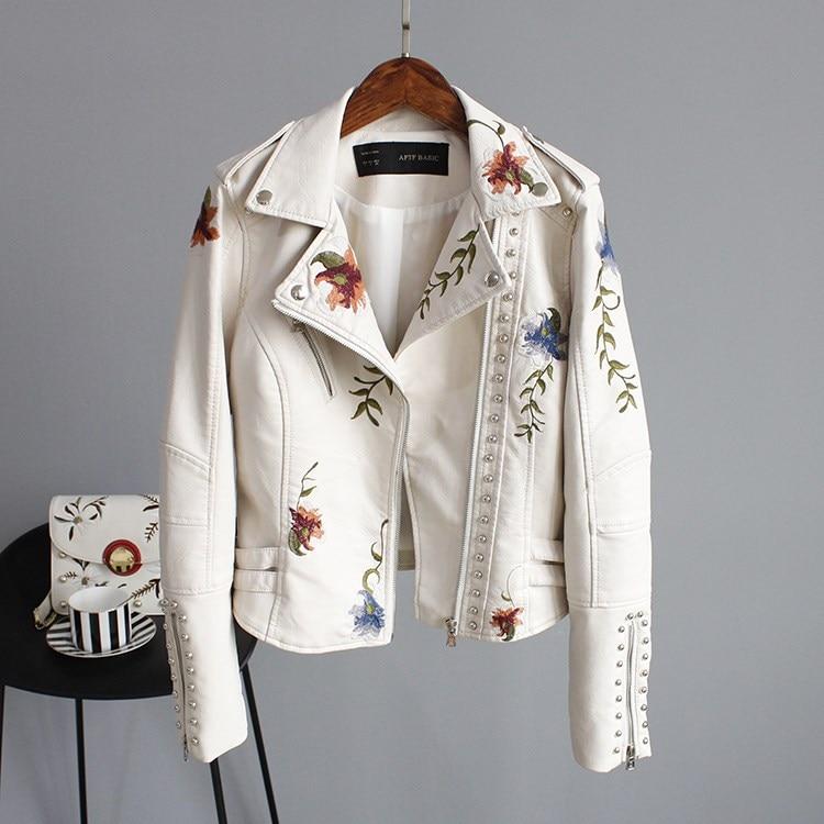 Faux Leather Jacket Women with Embroidery