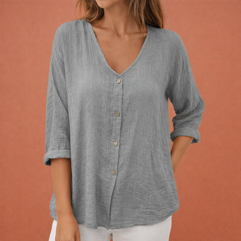 YLENA | Women's V-Neck T-Shirt with Button Closure and Three-Quarter Sleeves