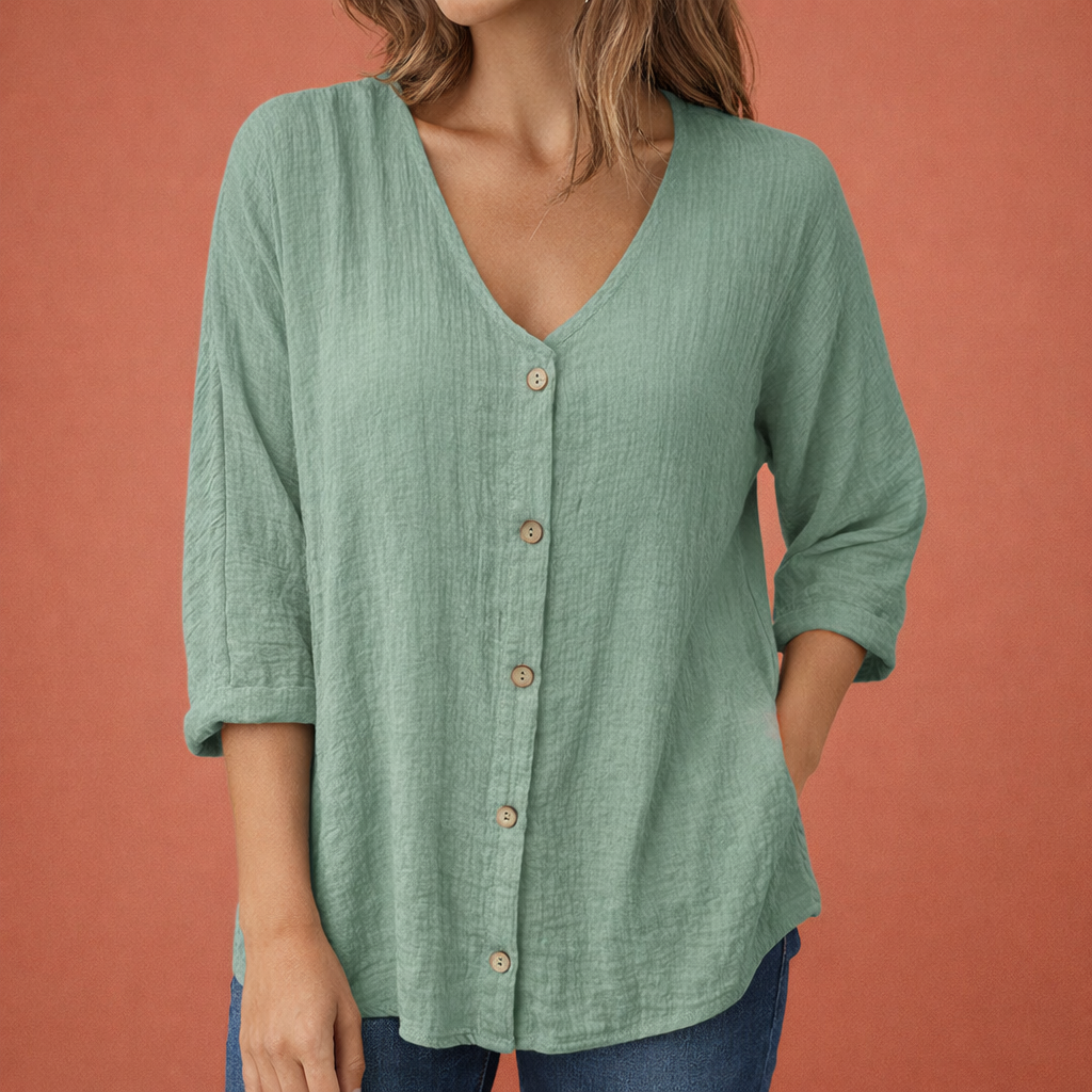 YLENA | Women's V-Neck T-Shirt with Button Closure and Three-Quarter Sleeves