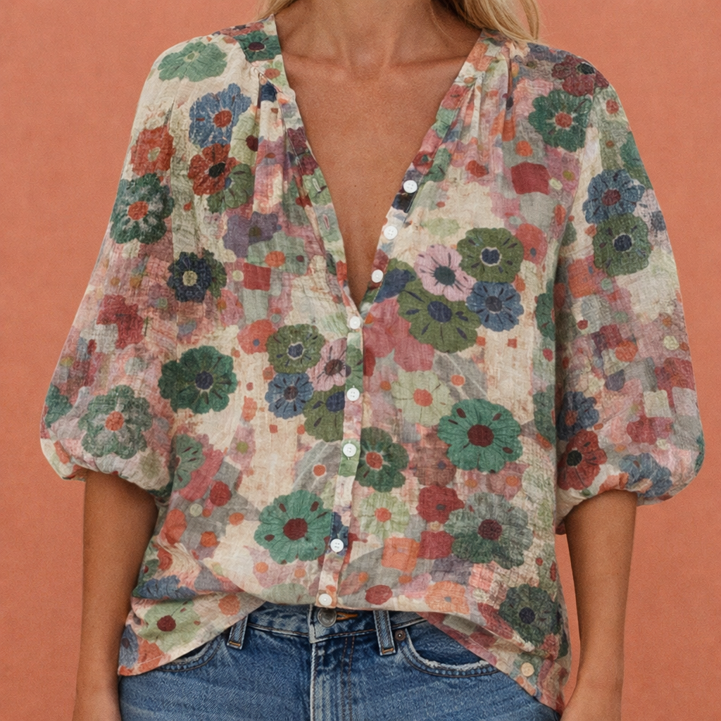 MIREYA | Women's Printed Blouse with V-Neck and Button Closure