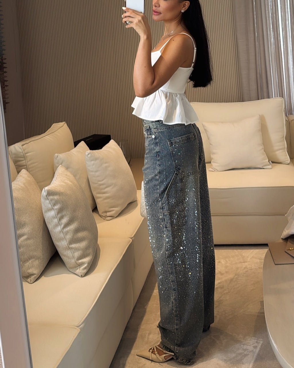 TIRZA Glam Wide-Leg Jeans with Rhinestone Details