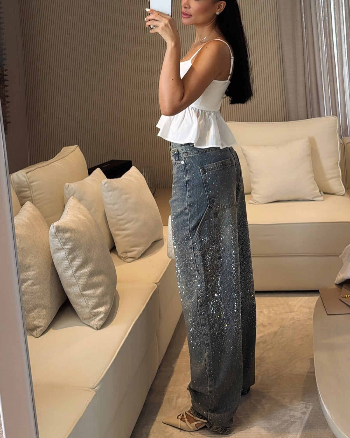 TIRZA Glam Wide-Leg Jeans with Rhinestone Details