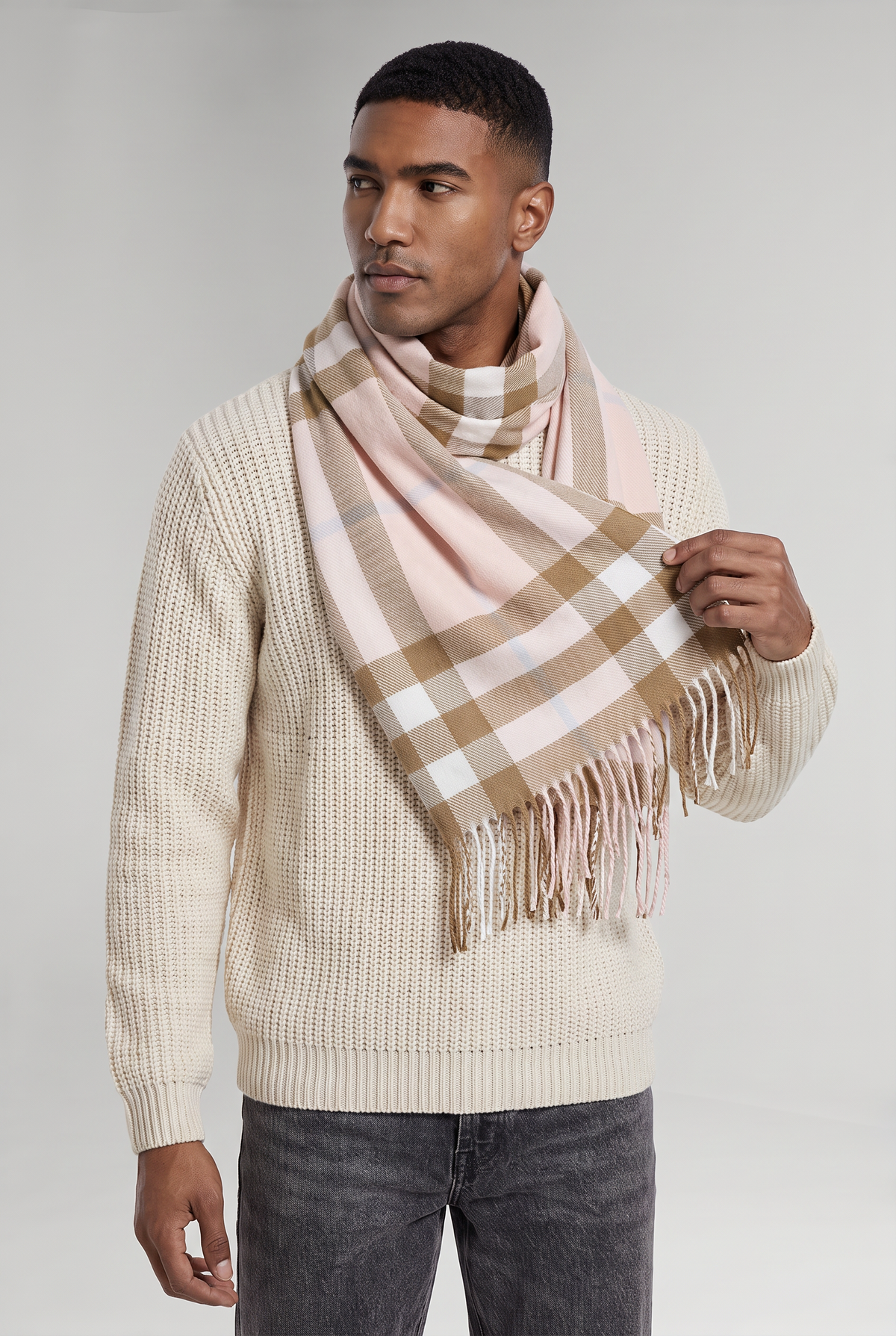 Men's Scarf Checked Tassel Detail in Blush