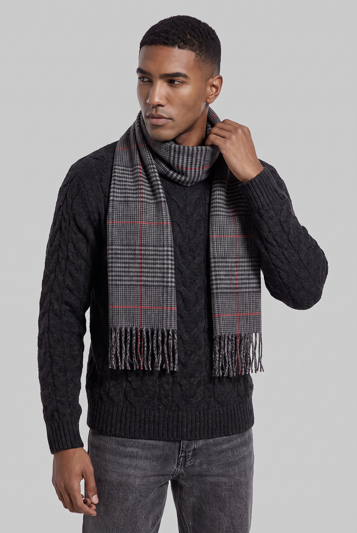 Men's Scarf Checked Tassel Detail in Grey