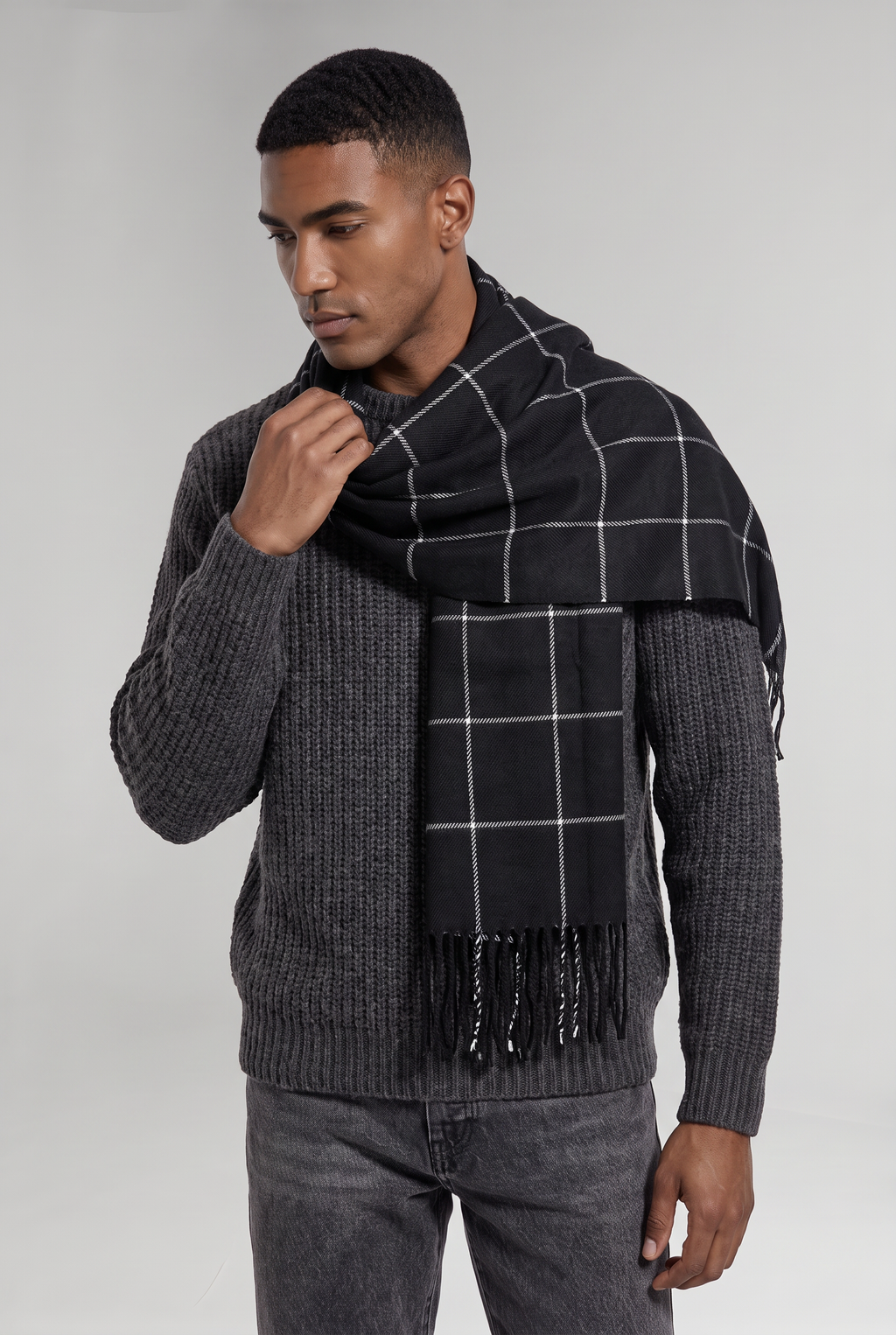 Men's Scarf Checked Tassel Detail in Black