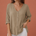 YLENA | Women's V-Neck T-Shirt with Button Closure and Three-Quarter Sleeves