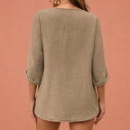YLENA | Women's V-Neck T-Shirt with Button Closure and Three-Quarter Sleeves