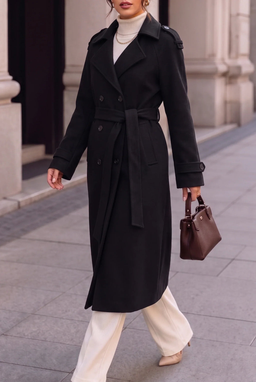 Women's Long Double-Breasted Wool Coat, Classic and Elegant