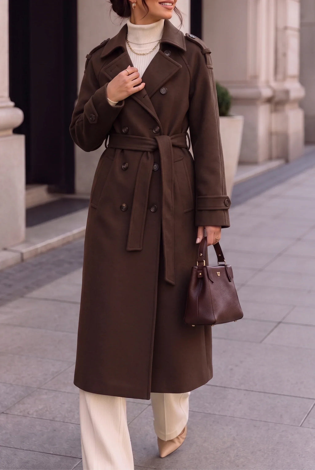 Women's Long Double-Breasted Wool Coat, Classic and Elegant