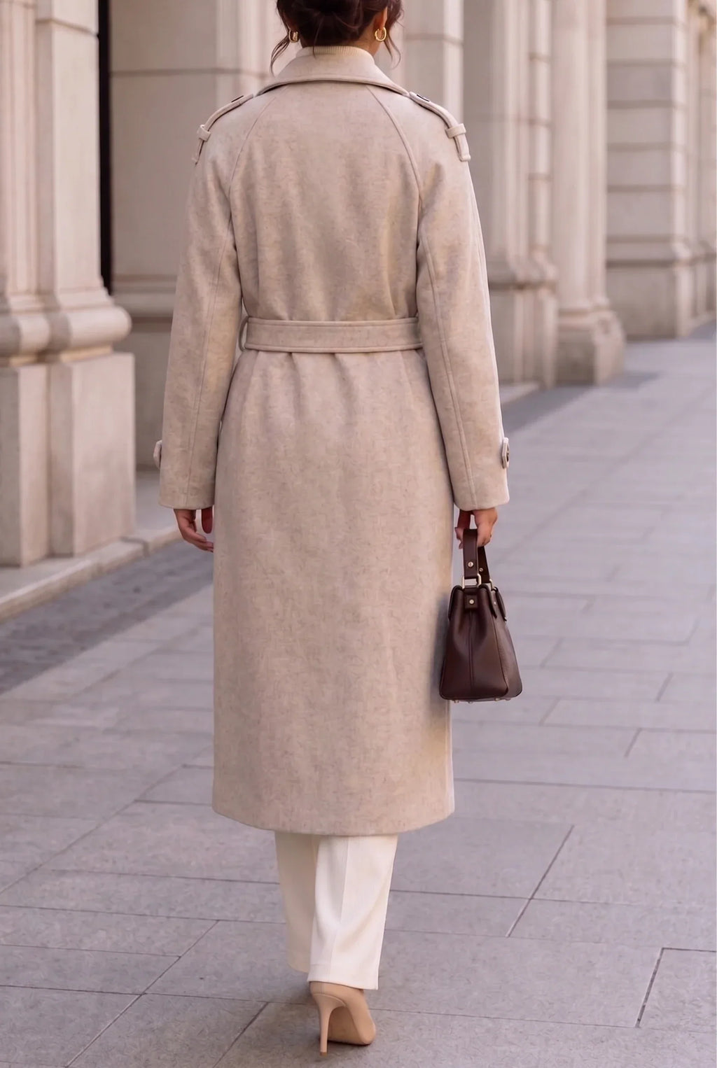 Women's Long Double-Breasted Wool Coat, Classic and Elegant