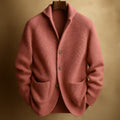 Men's Ribbed Wool Cardigan in Brown, Warm