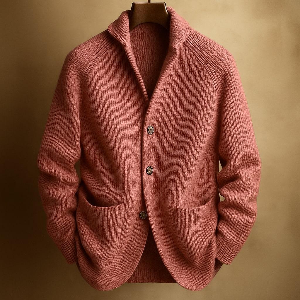 Men's Ribbed Wool Cardigan in Brown, Warm