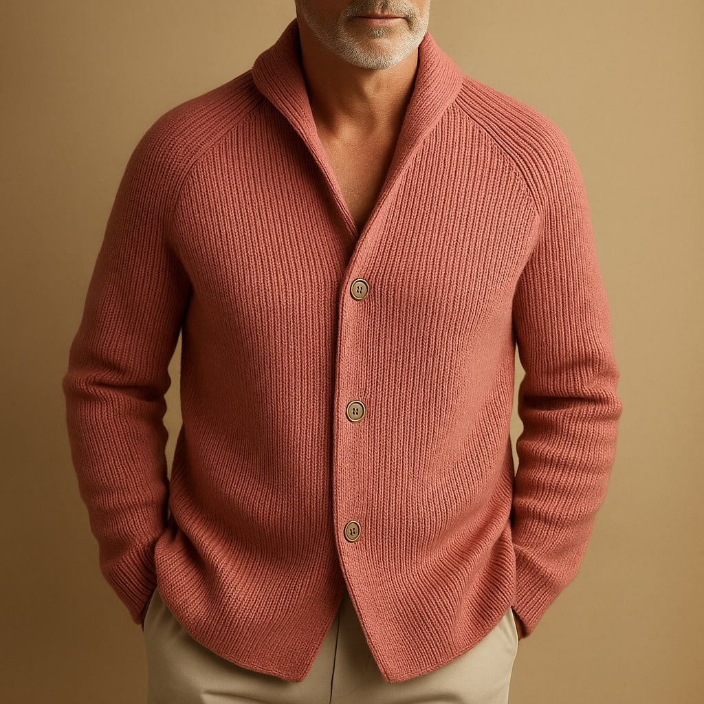 Men's Ribbed Wool Cardigan in Brown, Warm