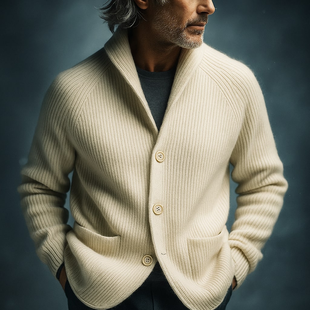 Men's Ribbed Wool Cardigan in Brown, Warm