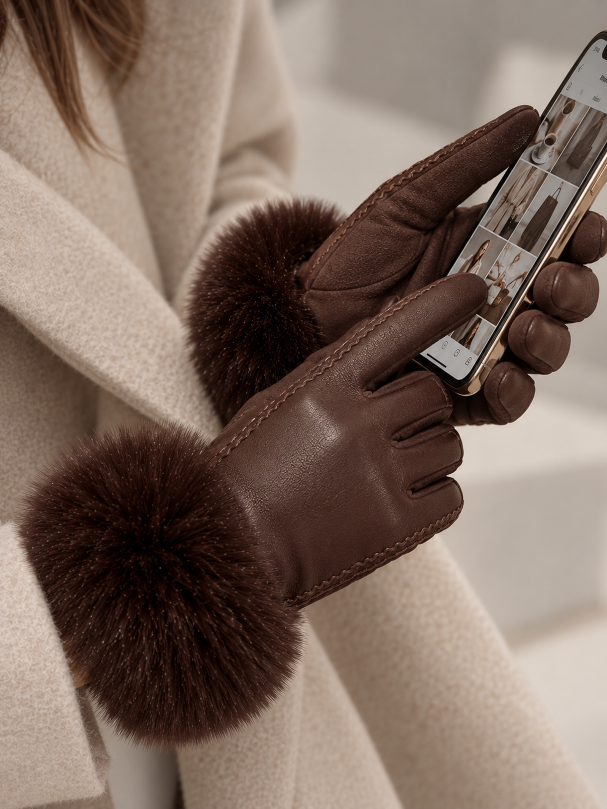 Touchscreen Gloves Women Faux Fur Trim