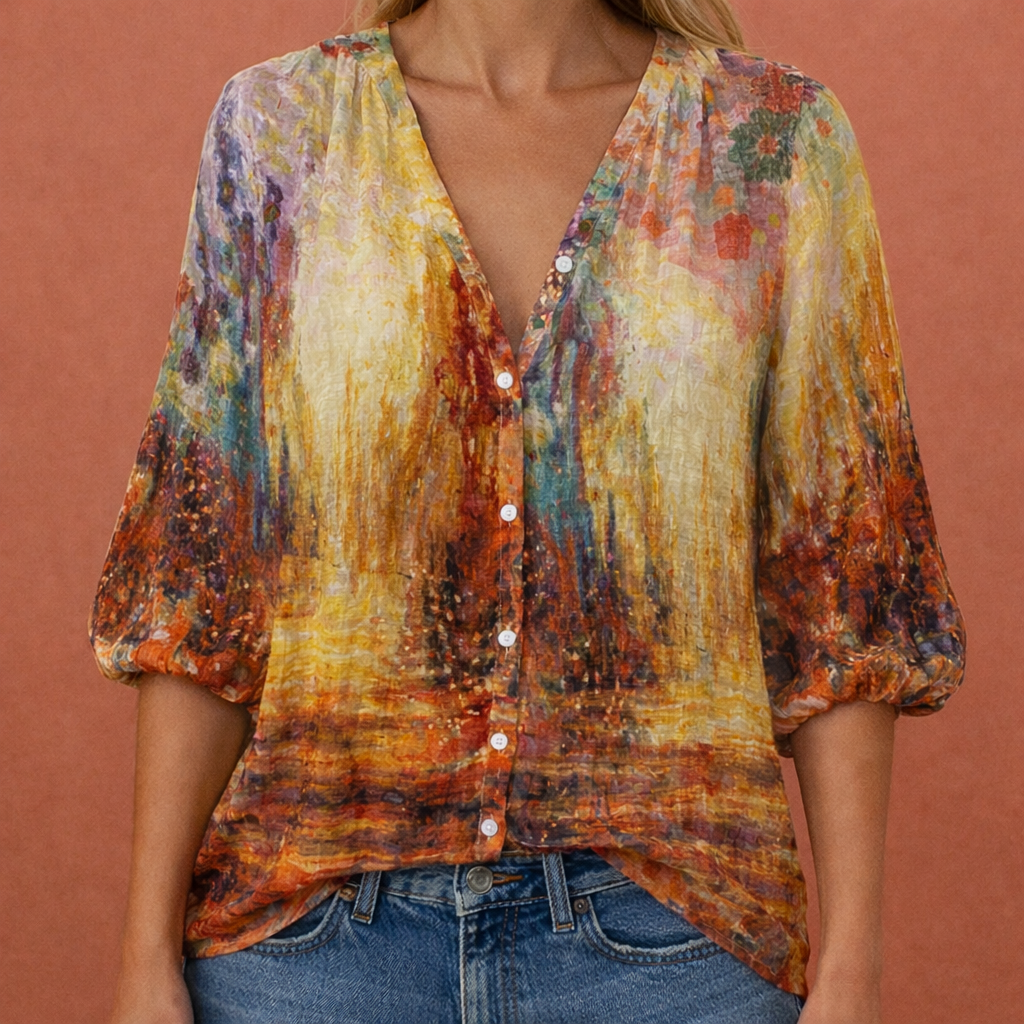 MIREYA | Women's Printed Blouse with V-Neck and Button Closure
