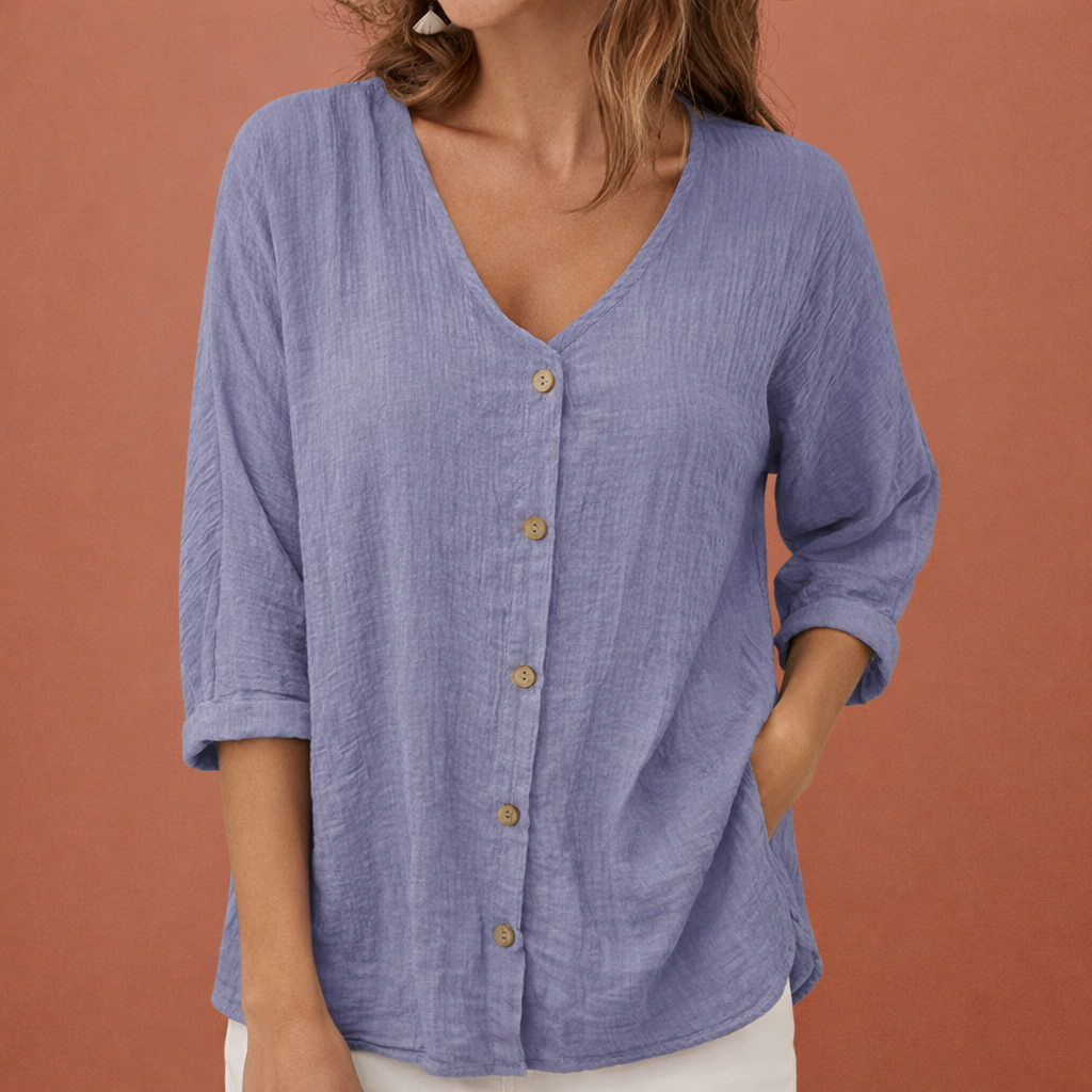YLENA | Women's V-Neck T-Shirt with Button Closure and Three-Quarter Sleeves