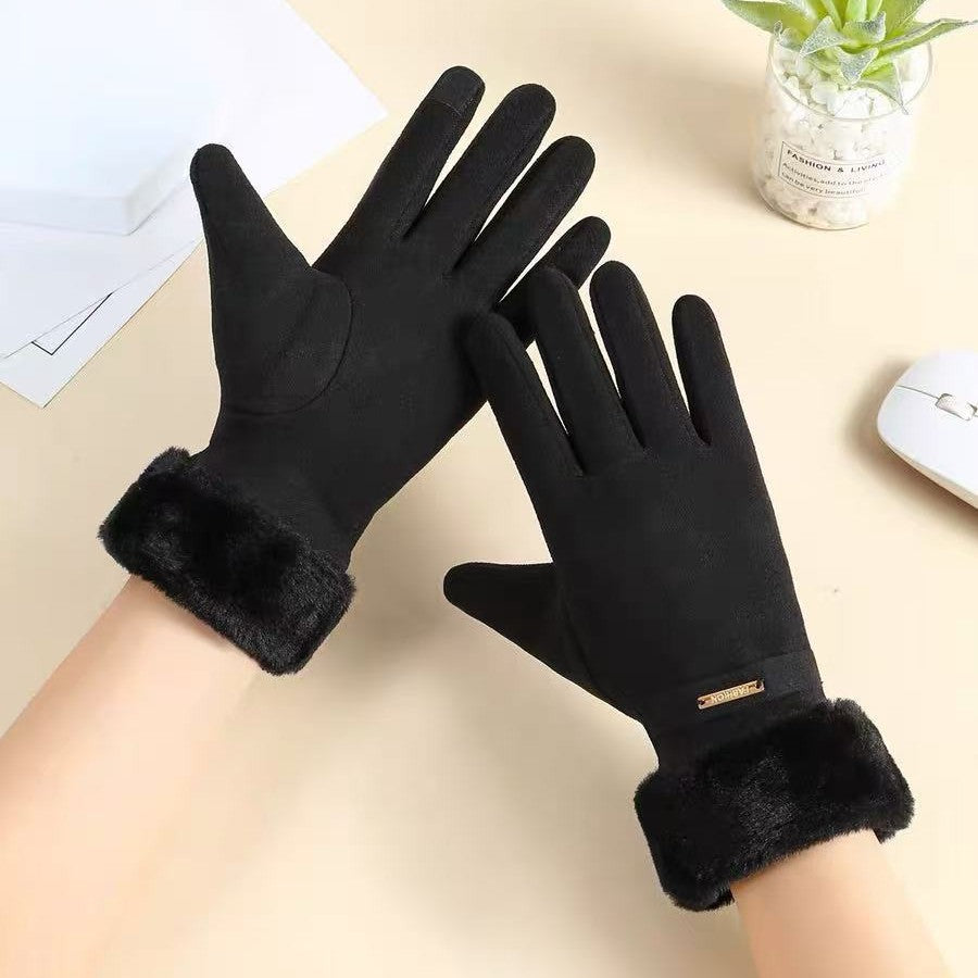 Touchscreen Gloves Women Plush Cuff Fluffy Trim