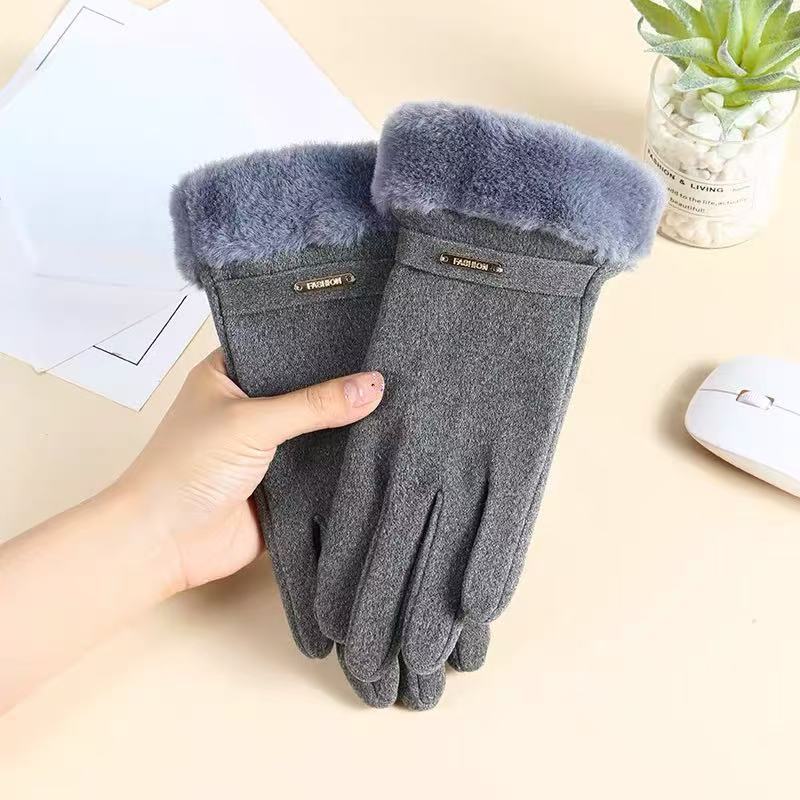 Touchscreen Gloves Women Plush Cuff Fluffy Trim in Grey