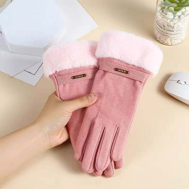 Touchscreen Gloves Women Plush Cuff Fluffy Trim in Pink