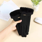 Touchscreen Gloves Women Plush Cuff Fluffy Trim in Black