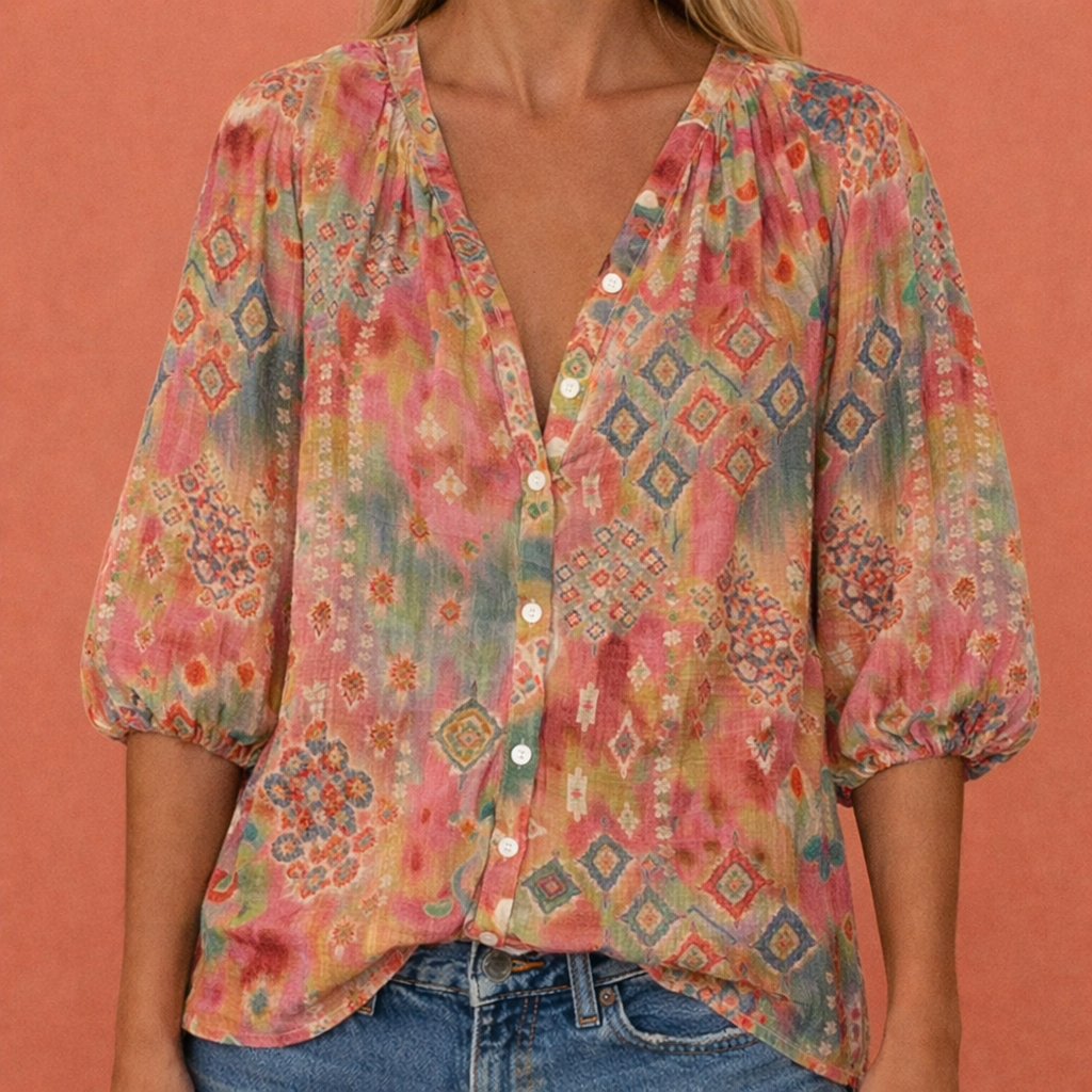 MIREYA | Women's Printed Blouse with V-Neck and Button Closure