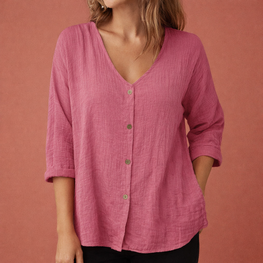 YLENA | Women's V-Neck T-Shirt with Button Closure and Three-Quarter Sleeves
