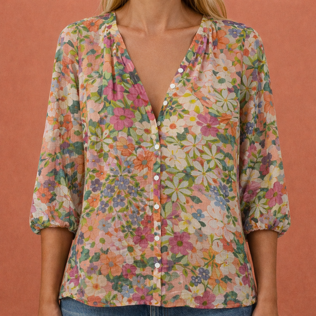 MIREYA | Women's Printed Blouse with V-Neck and Button Closure
