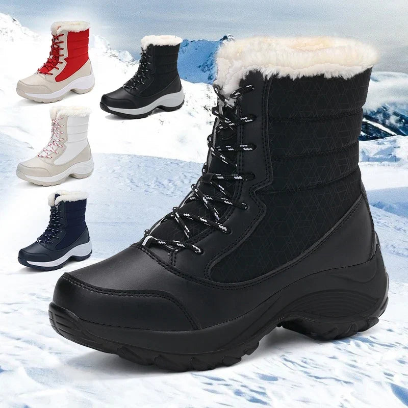 Snow Boots Women Waterproof Faux Fur Lace Up