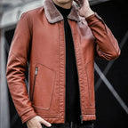 Men's Leather Jacket with Faux Fur Collar, Warm Lined