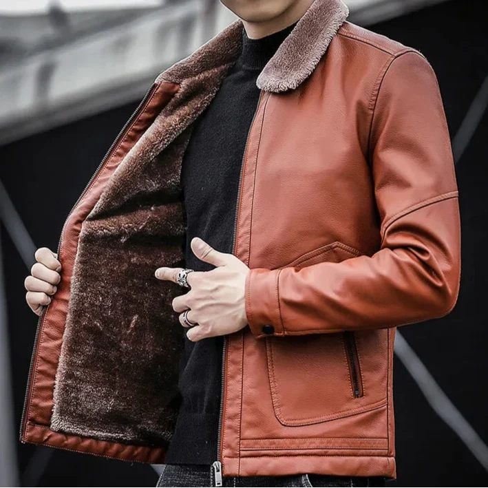 Men's Leather Jacket with Faux Fur Collar, Warm Lined