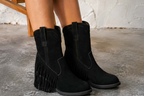 Ankle Boots Women with Fringe, Black Suede Western Style