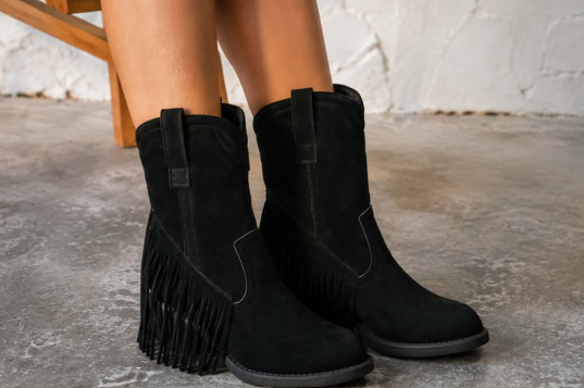 Ankle Boots Women with Fringe, Black Suede Western Style