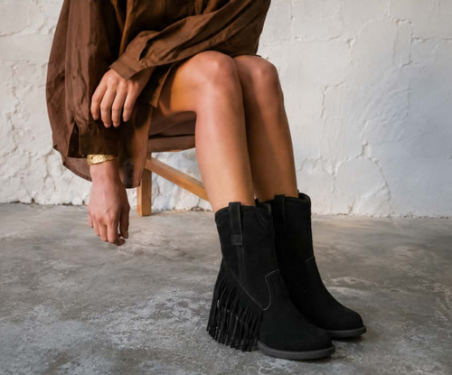 Ankle Boots Women with Fringe, Black Suede Western Style