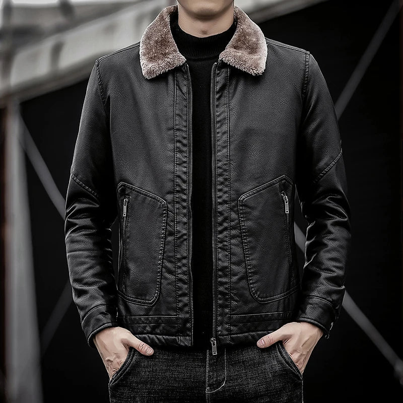 Men's Leather Jacket with Faux Fur Collar, Warm Lined