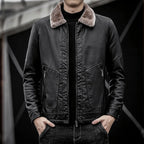 Men's Leather Jacket with Faux Fur Collar, Warm Lined