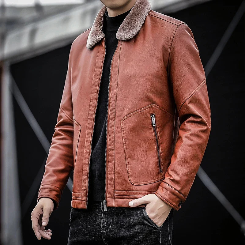 Men's Leather Jacket with Faux Fur Collar, Warm Lined