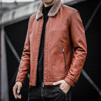 Men's Leather Jacket with Faux Fur Collar, Warm Lined