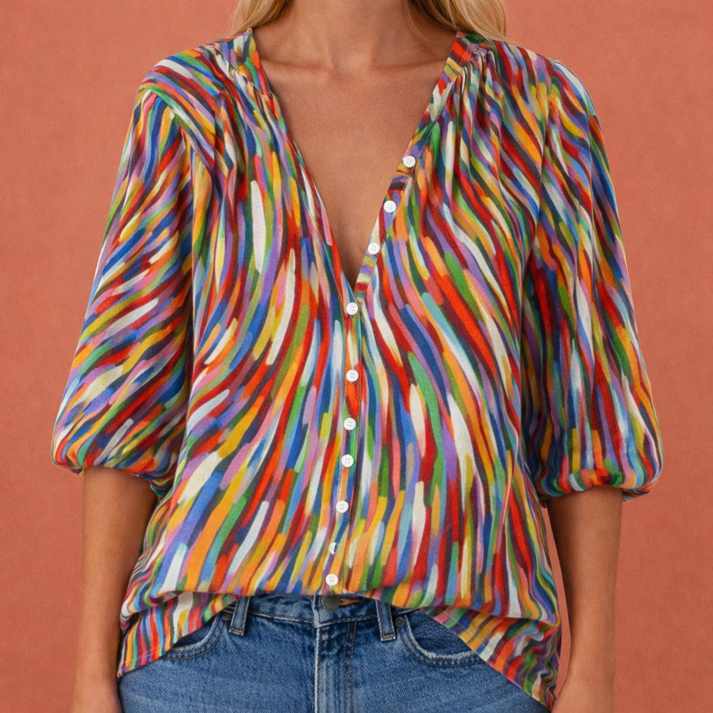MIREYA | Women's Printed Blouse with V-Neck and Button Closure