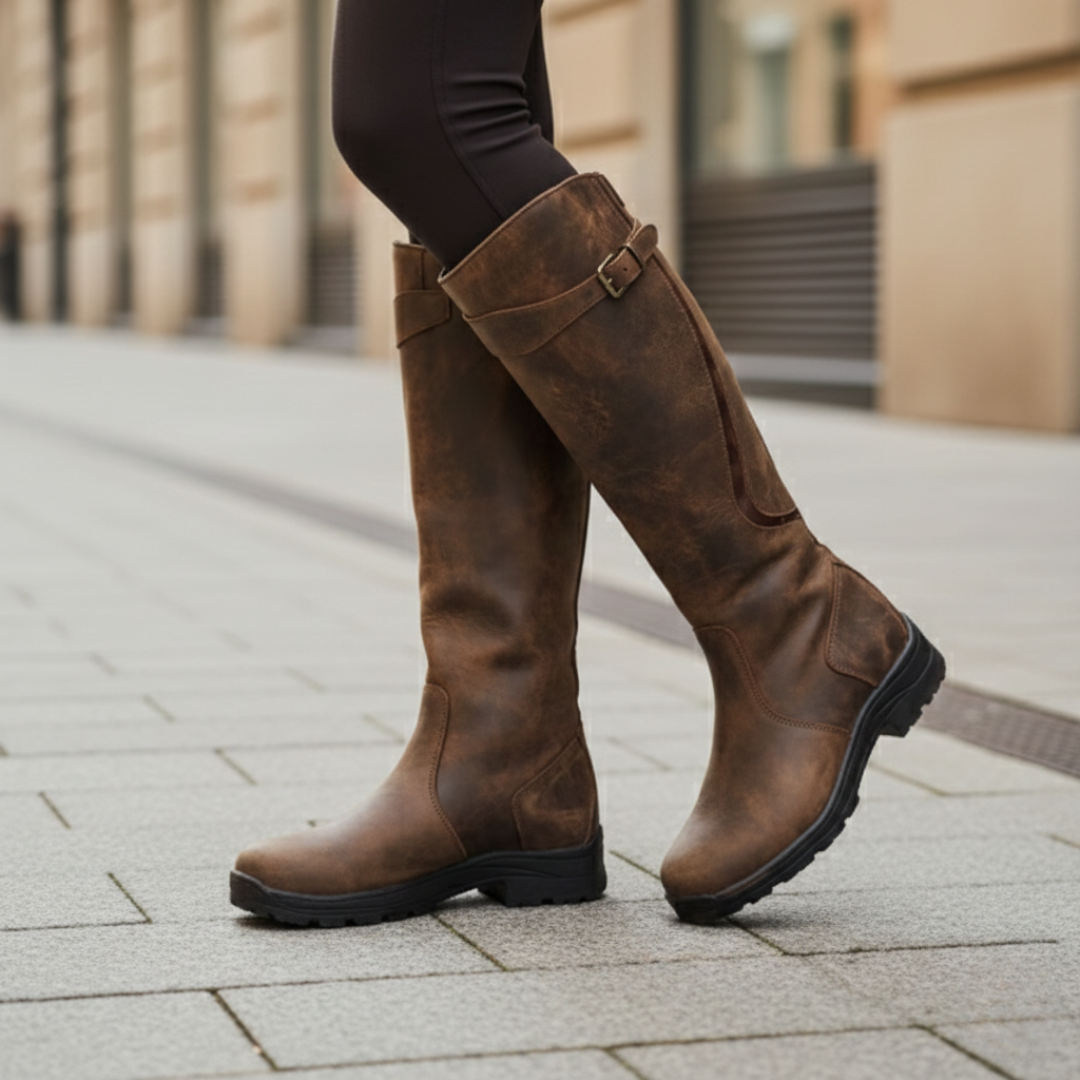 Knee High Boots Women Waterproof Adjustable Buckle in Brown