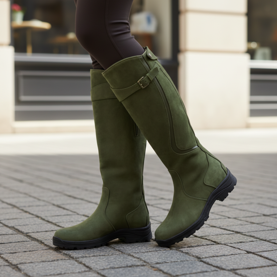 Knee High Boots Women Waterproof Adjustable Buckle in Green