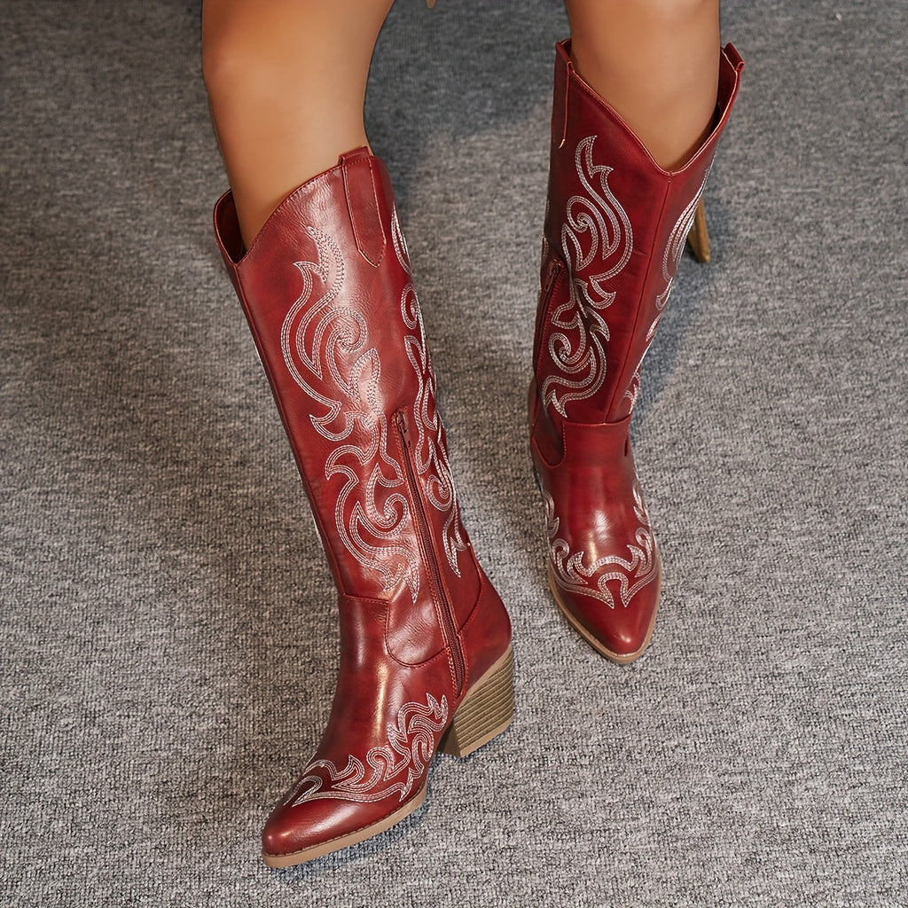 Knee High Boots Women Western Embroidered
