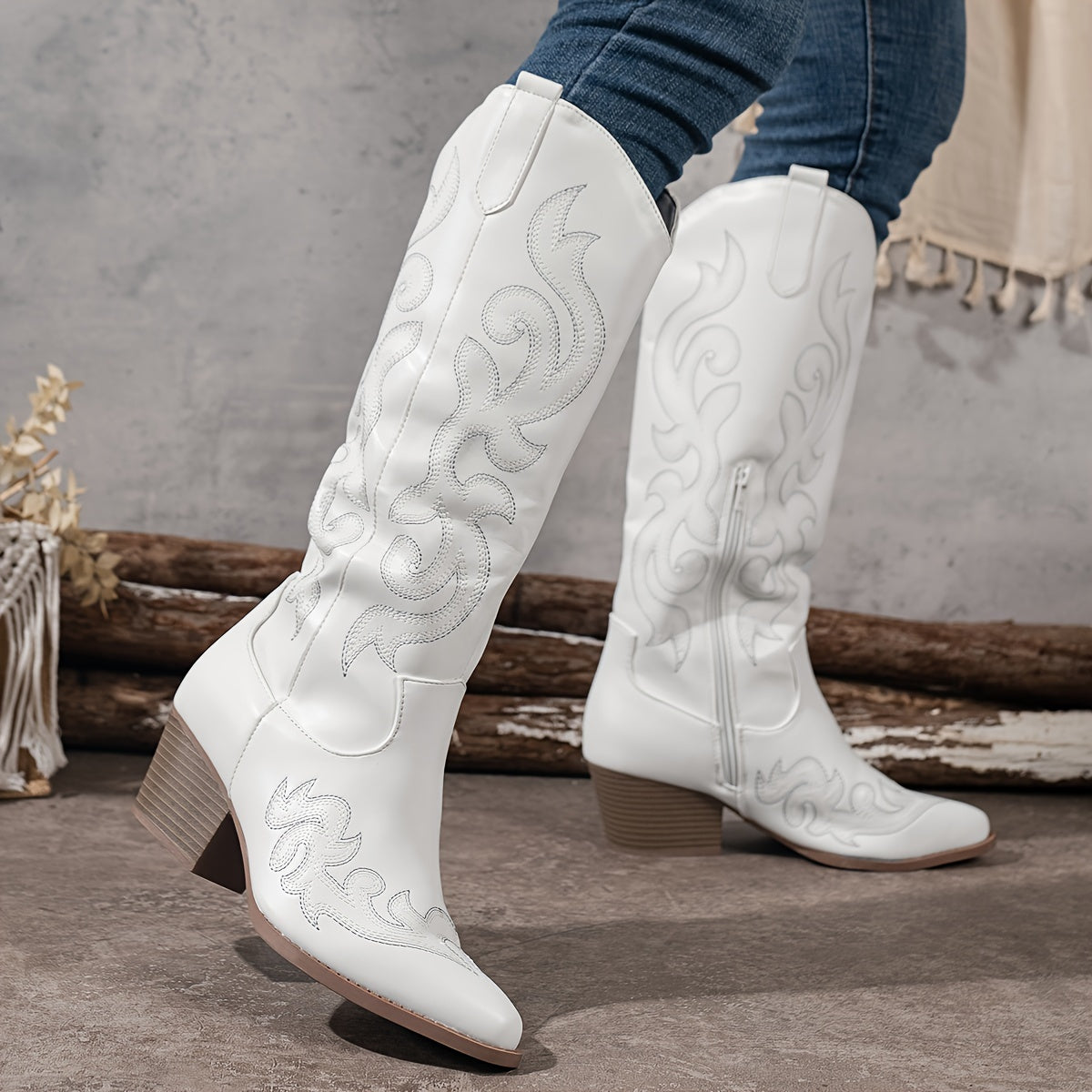 Knee High Boots Women Western Embroidered