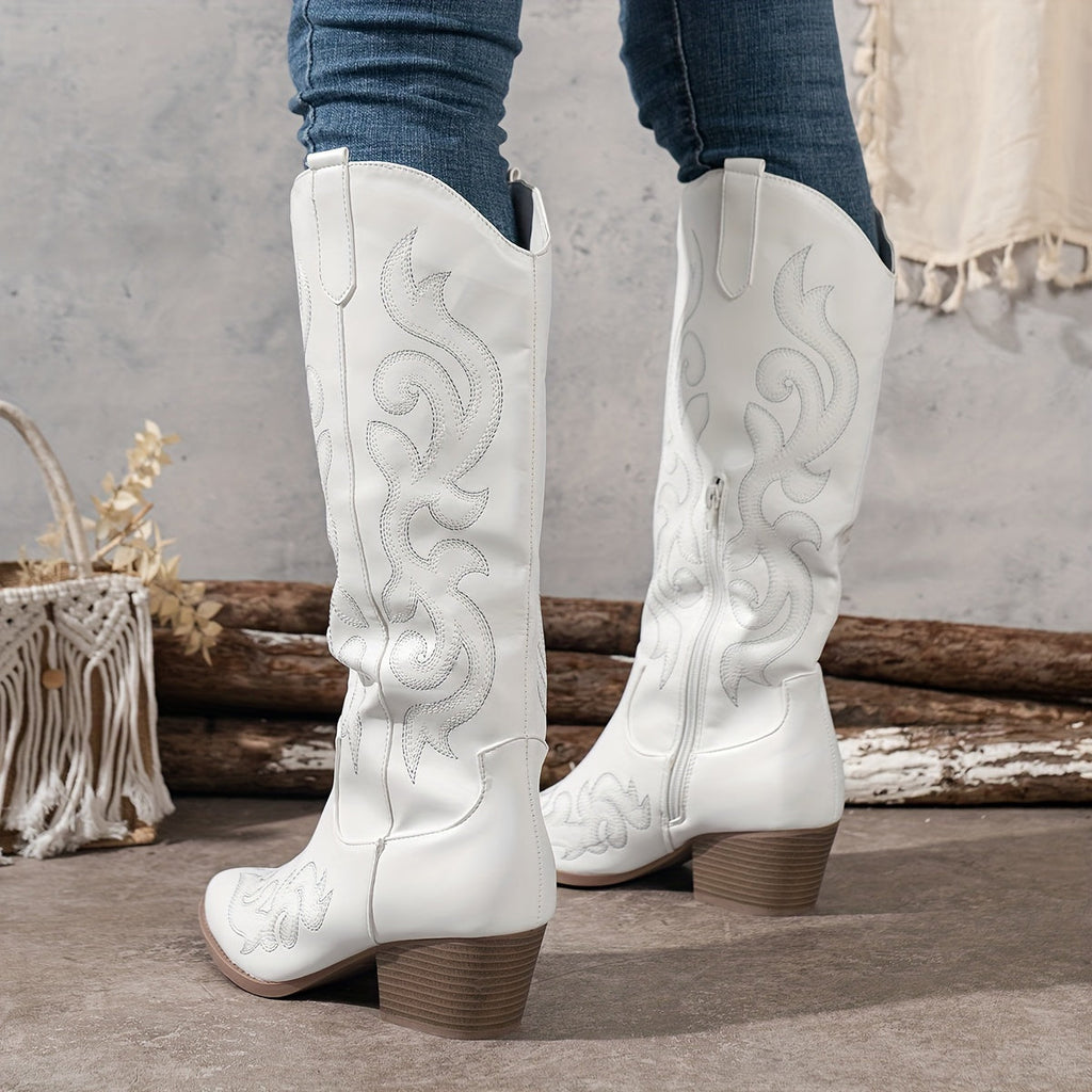 Knee High Boots Women Western Embroidered in White