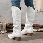 Knee High Boots Women Western Embroidered in White