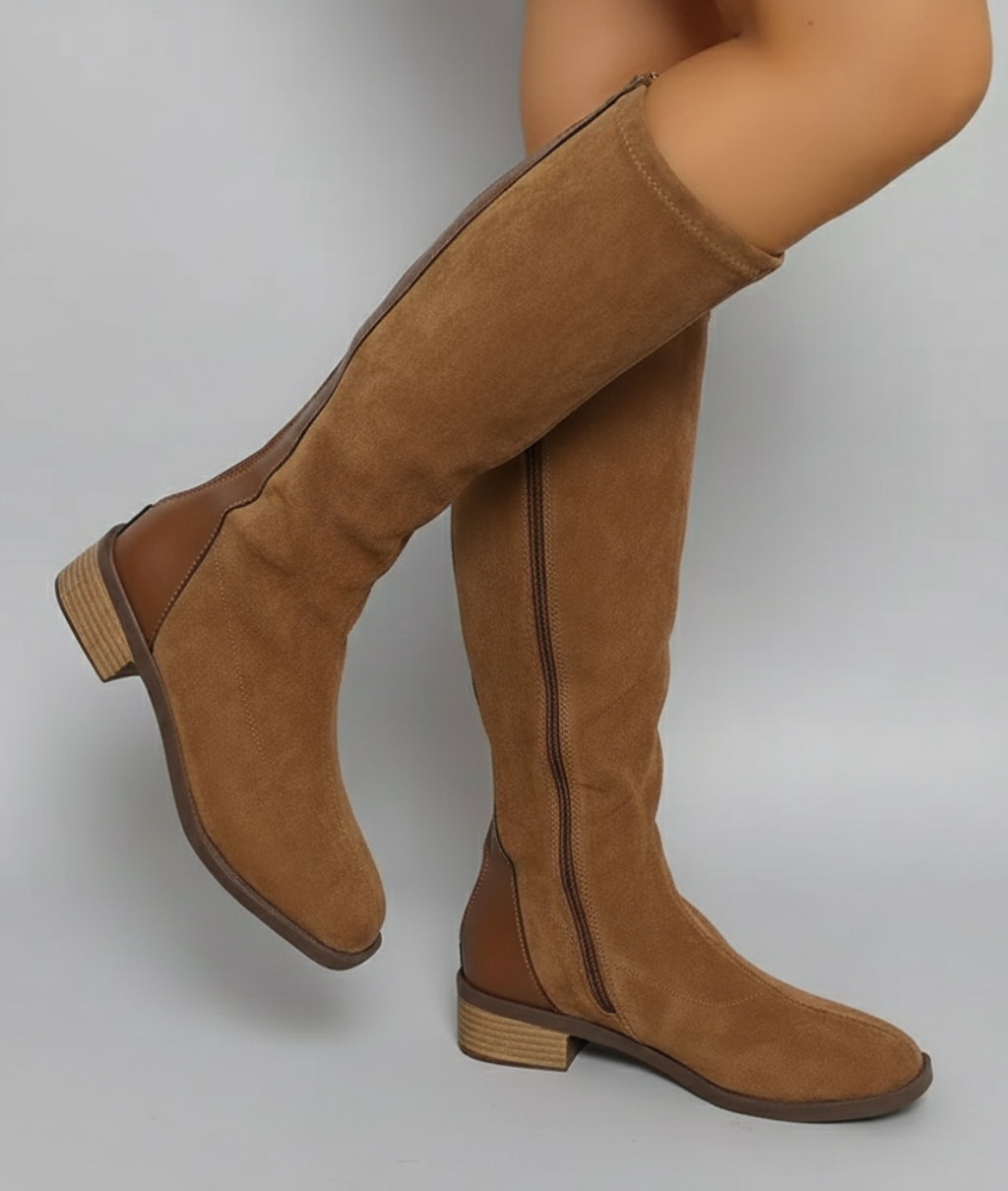 Knee High Boots Women Block Heel in Camel
