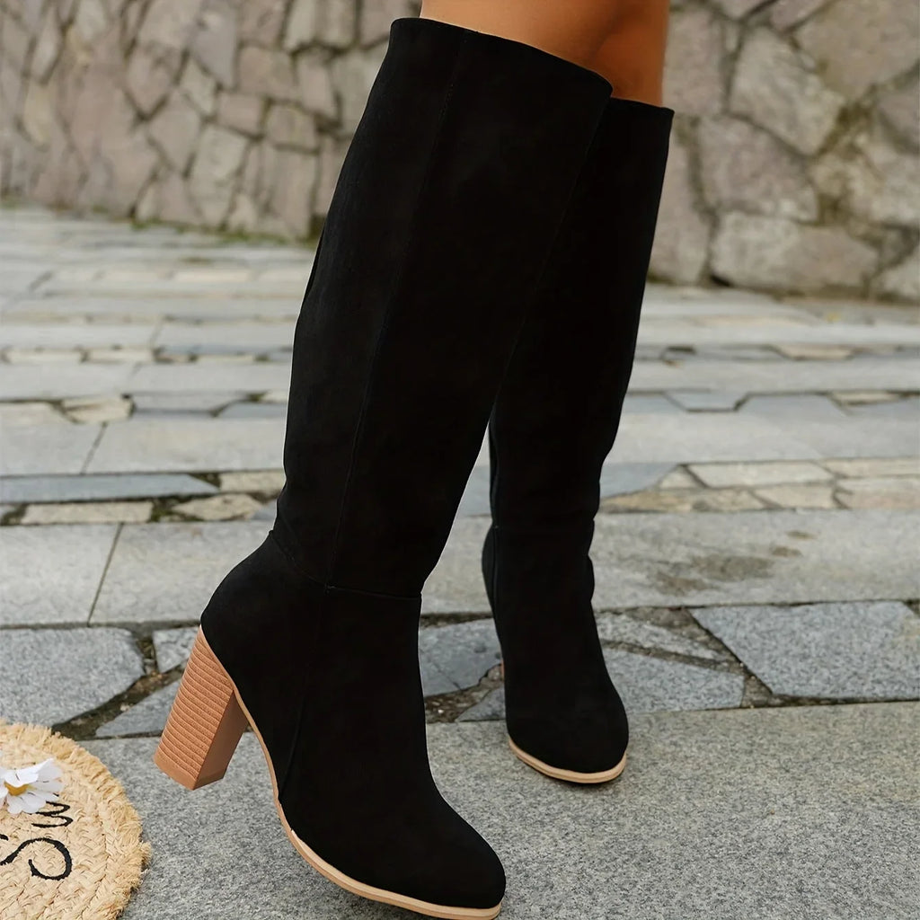 Knee High Boots Women Pointed Toe Block Heel in Black