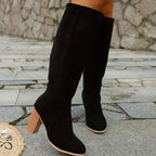 Knee High Boots Women Pointed Toe Block Heel in Black